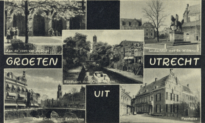602758 Collage van gezichten te Utrecht:- Pandhof van de Domkerk- Oudegracht met rondvaartboot- Standbeeld ...
